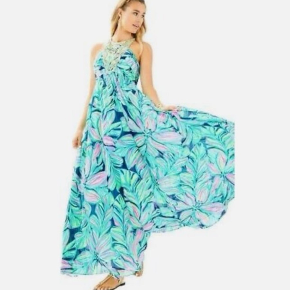 Lilly Pulitzer Lanette High Tide Navy Dancing Lady with Gold Beads and Stitch.